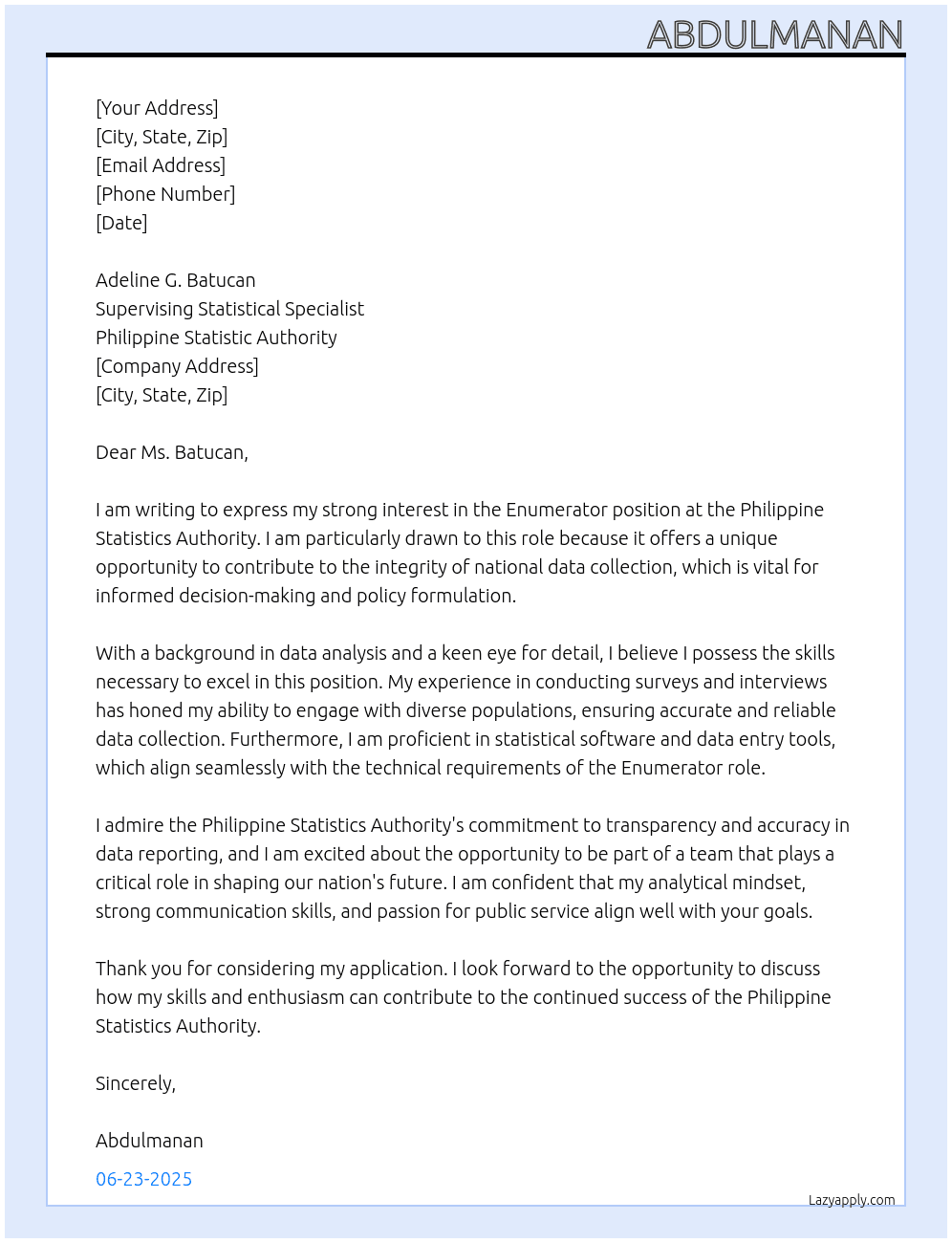 Enumerator At Philippine Statistic Authority Cover Letter