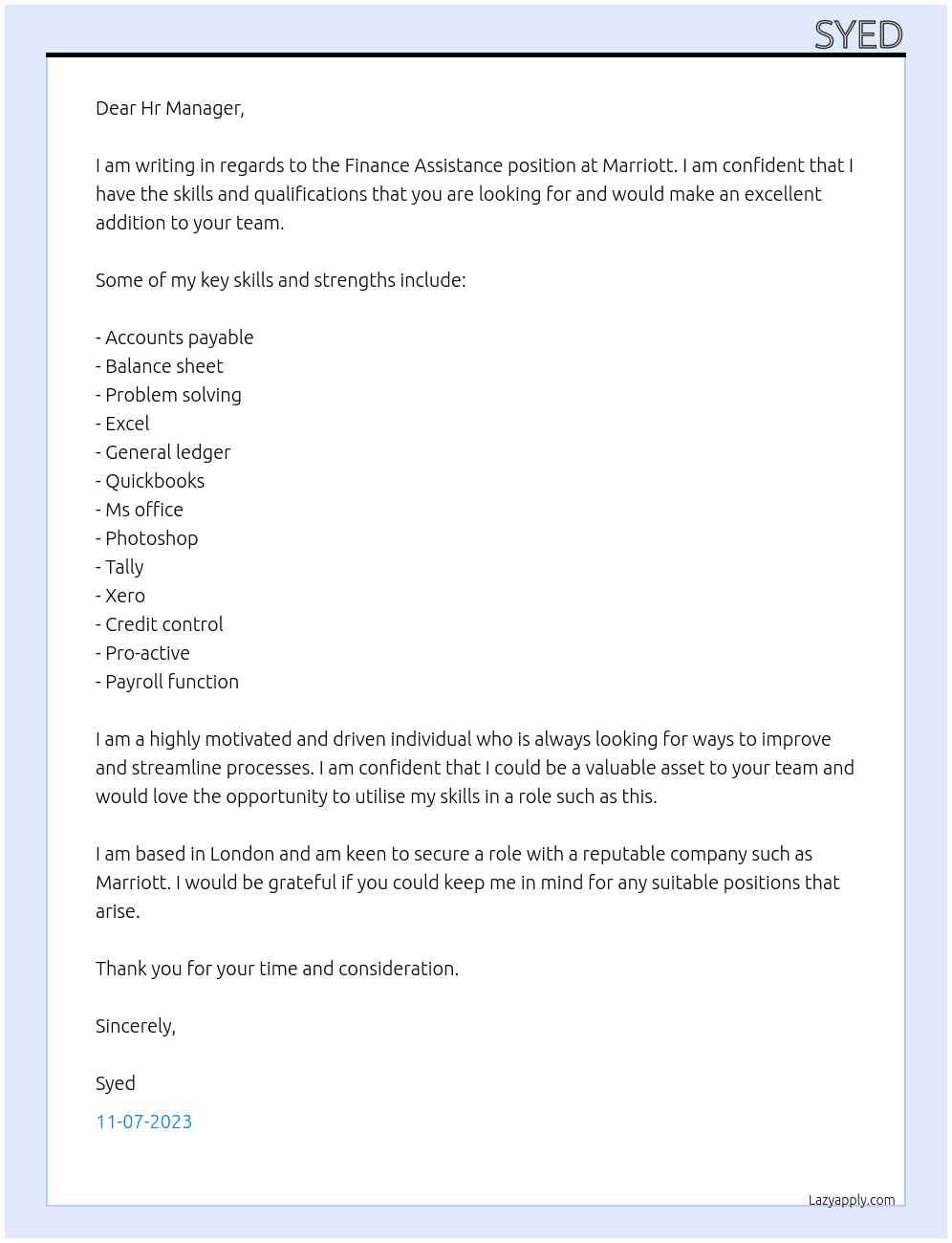 Finance Assistance  At Marriott Cover Letter