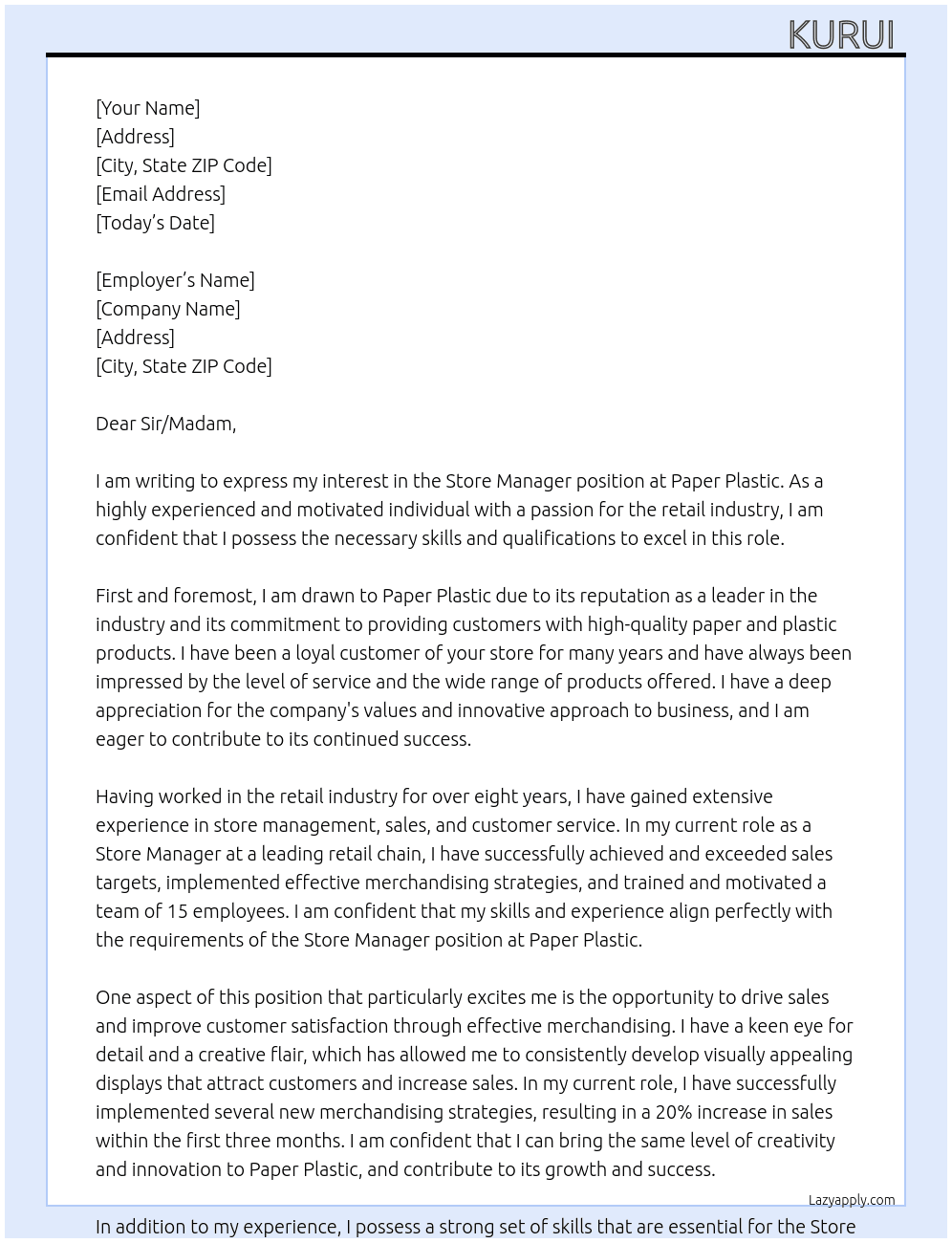 store  manager At paper plastic Cover Letter