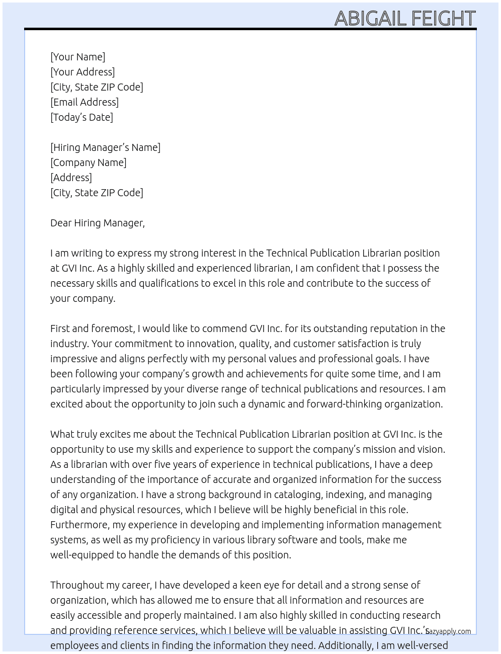  Technical Publication Librarian At GVI Inc.  Cover Letter