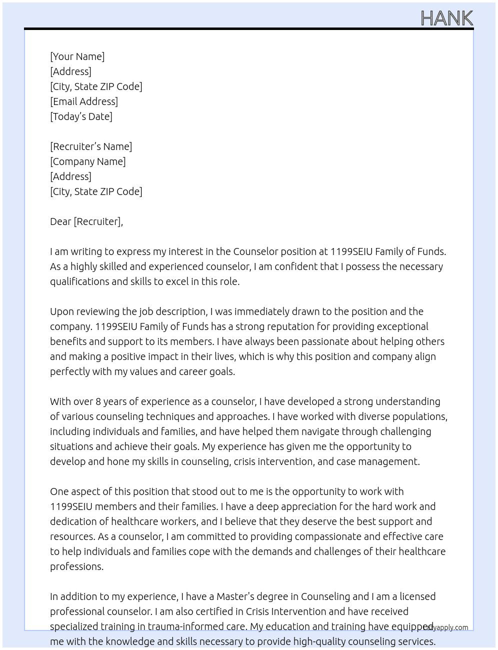 Counselor At 1199SEIU Family of Funds Cover Letter
