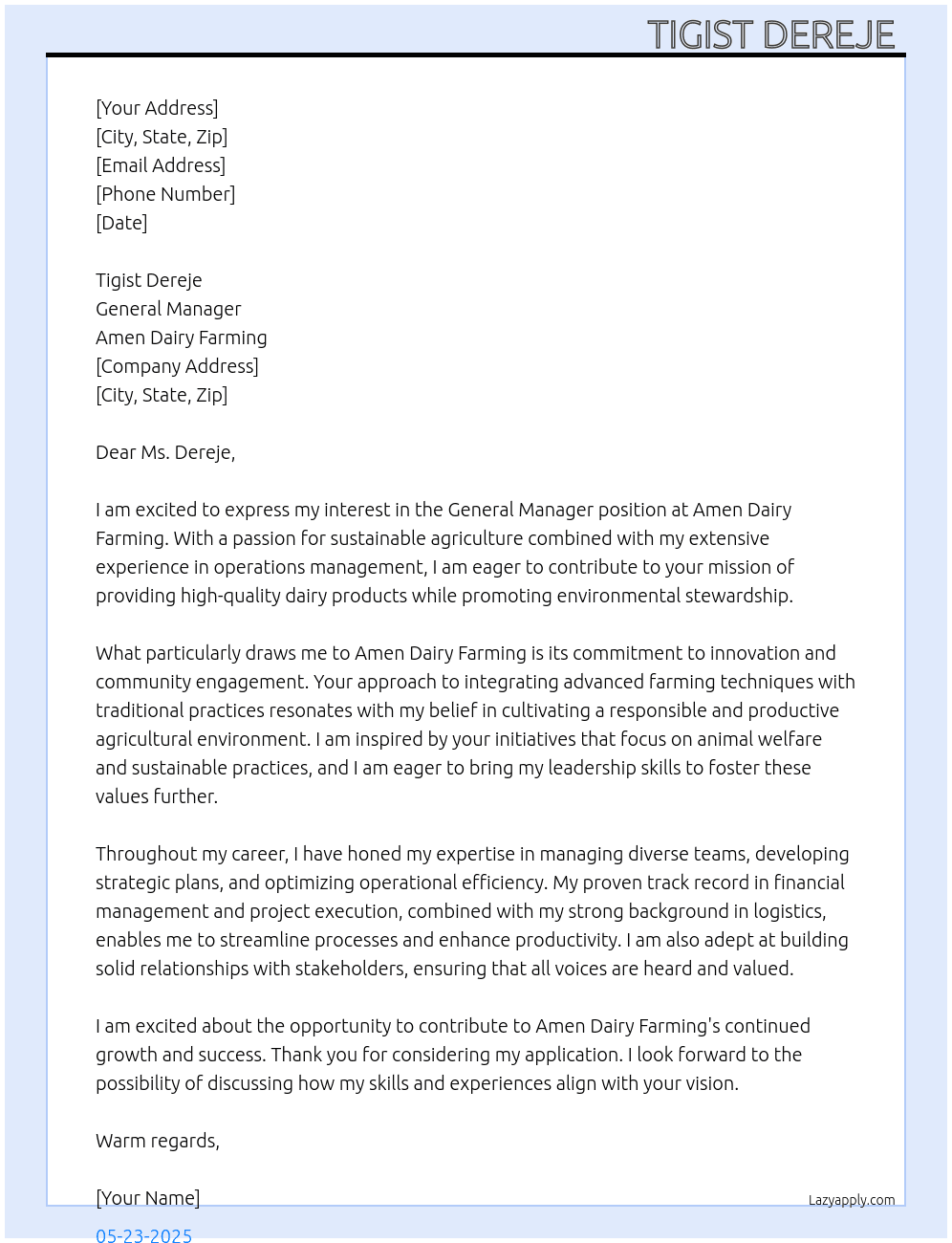 General Manager  At Amen Dairy Farming  Cover Letter