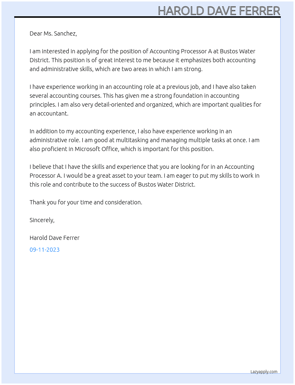 Accounting Processor A At Bustos Water District  Cover Letter