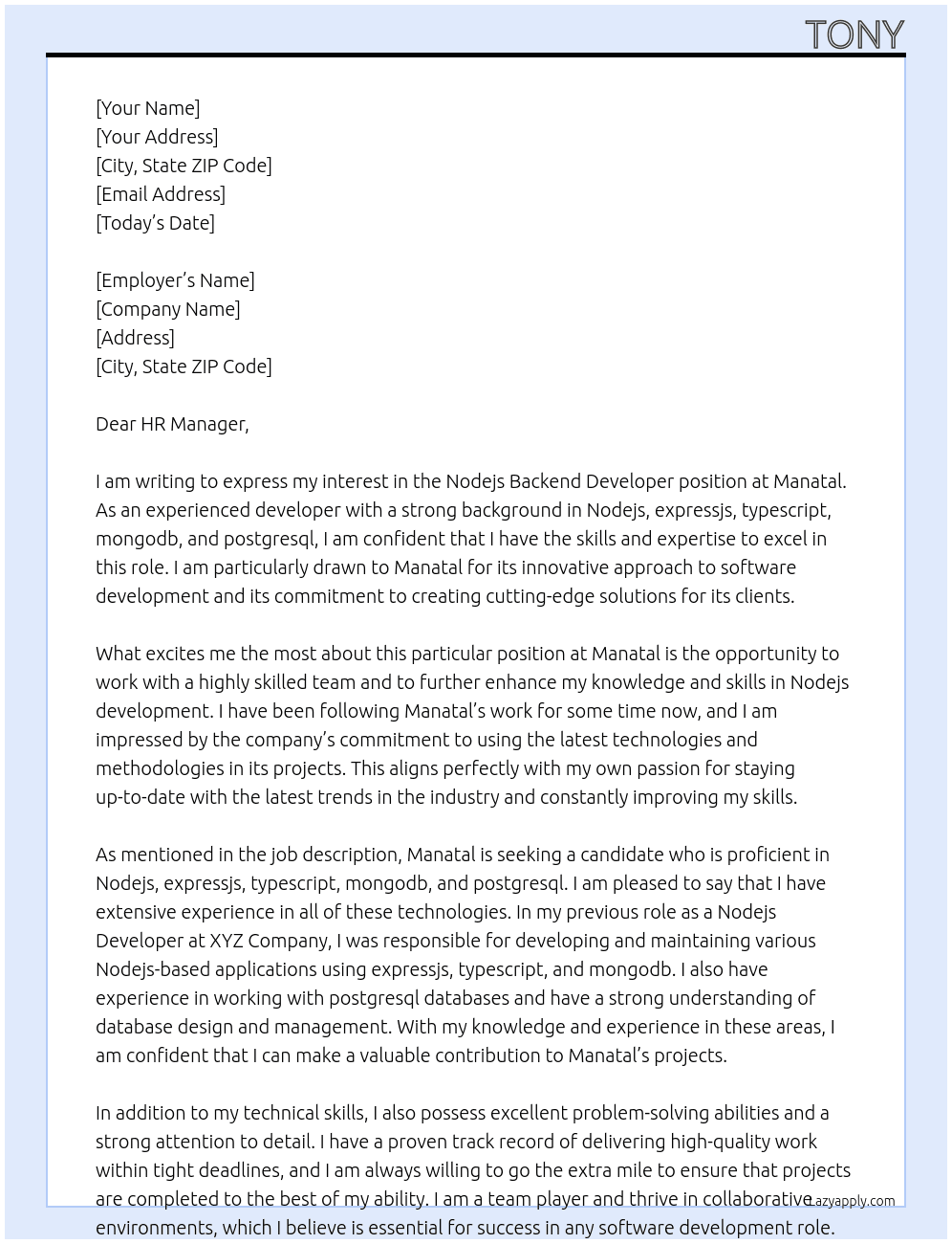 Nodejs Backend Developer  At Manatal Cover Letter
