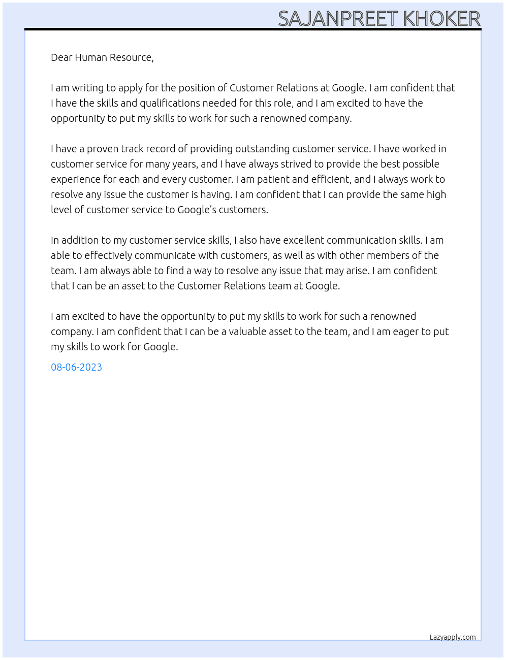 Customer relation At Google Cover Letter