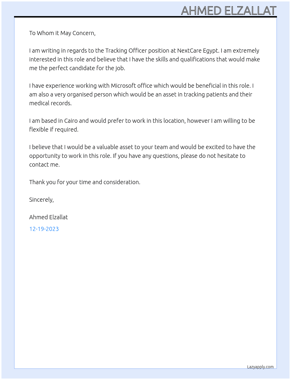 Tracking officer At NextCare Egypt Cover Letter