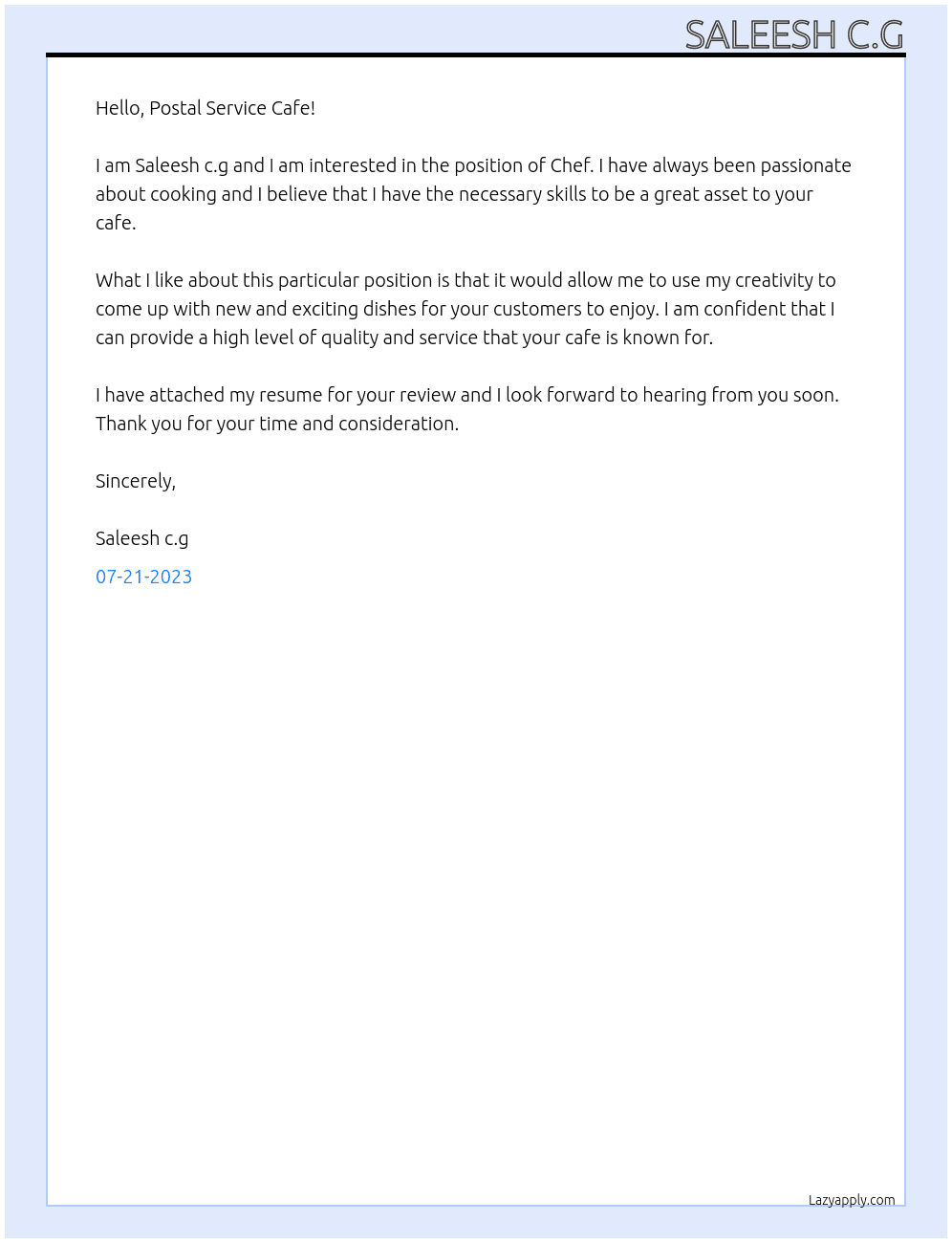 Chef At Postal Service Cafe Cover Letter