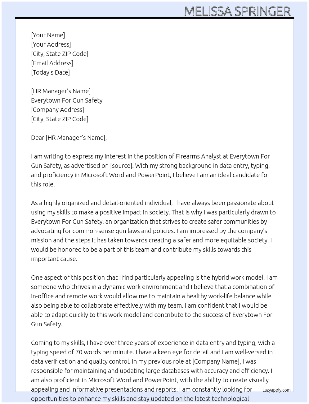 Firearms analyst At Everytown For Gun Safety Cover Letter
