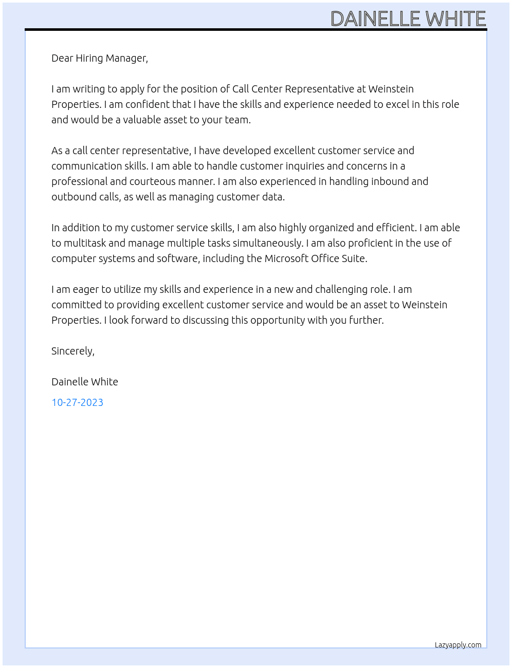 Call Center Representative At Weinstein Properties Cover Letter