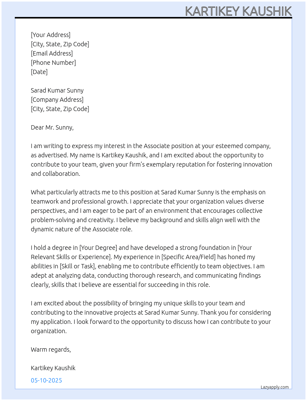 Associate At Sarad Kumar Sunny Cover Letter