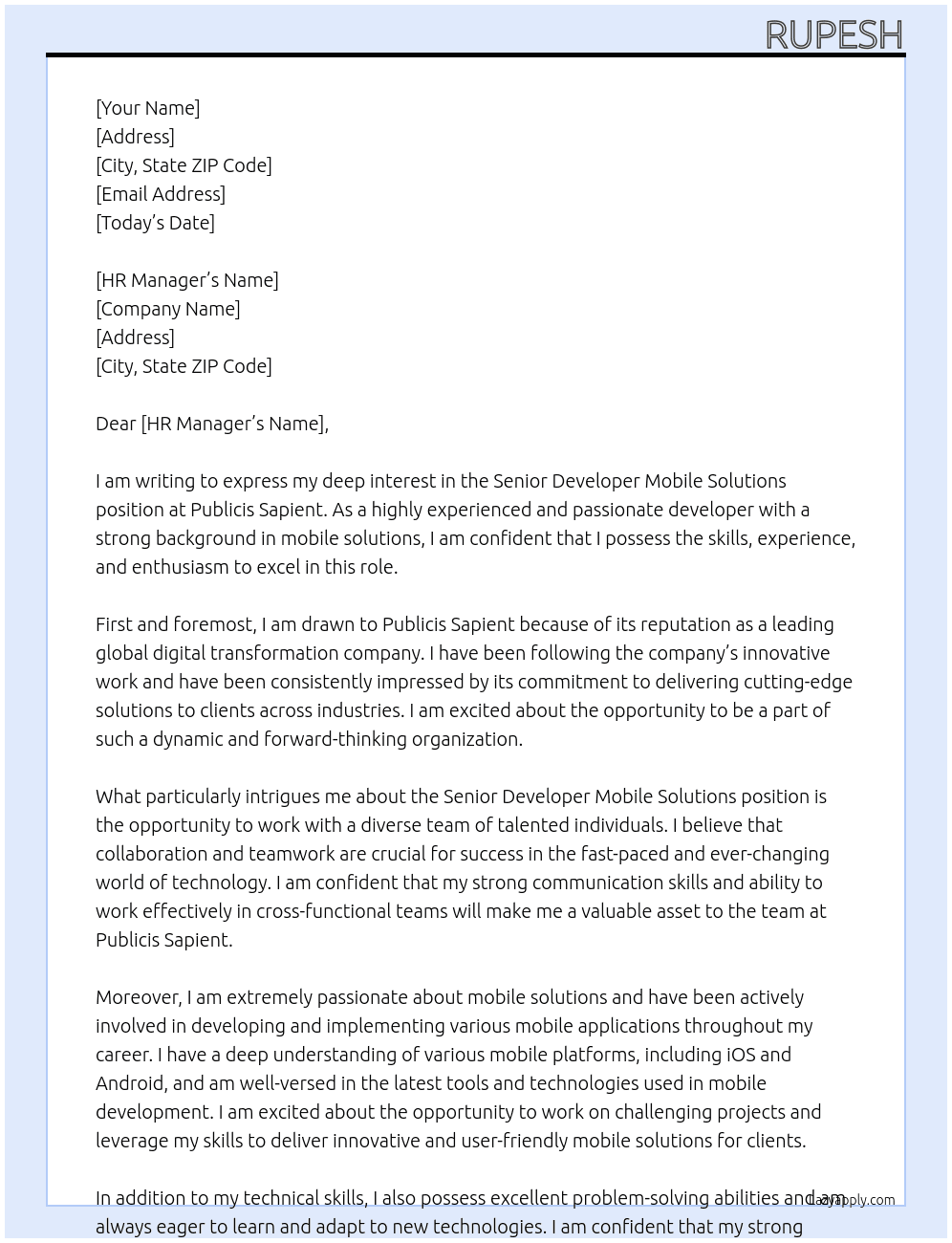 Senior Developer Mobile Solutions At Publicis Sapient Cover Letter