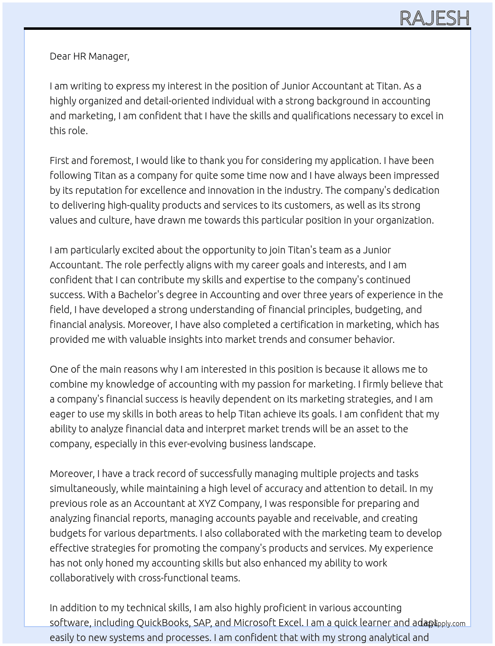 Junior accountant  At Titan Cover Letter