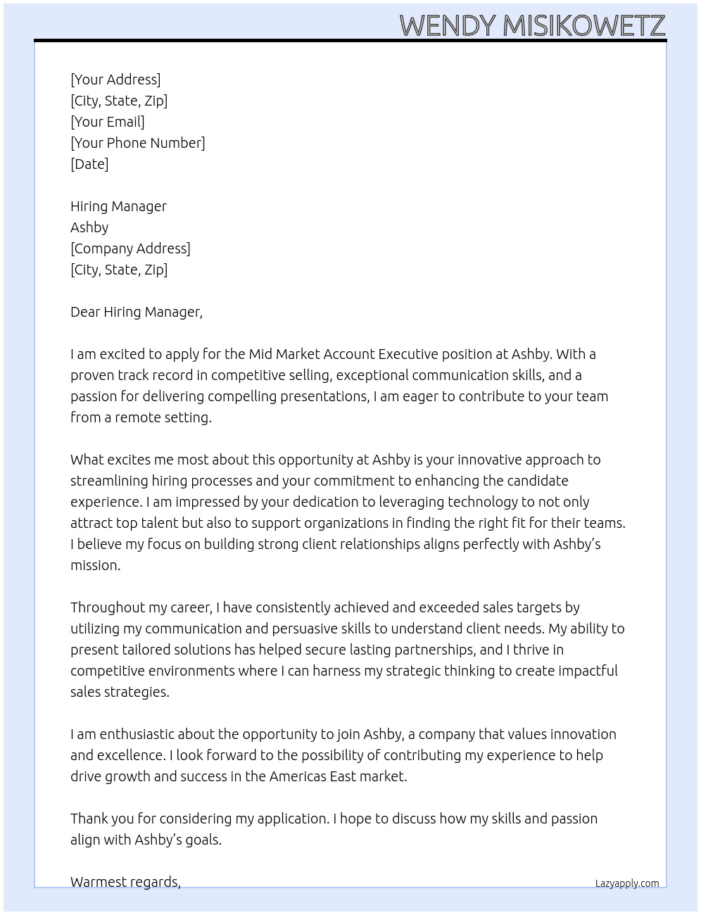 Mid Market Account Executive - Americas East At Ashby Cover Letter