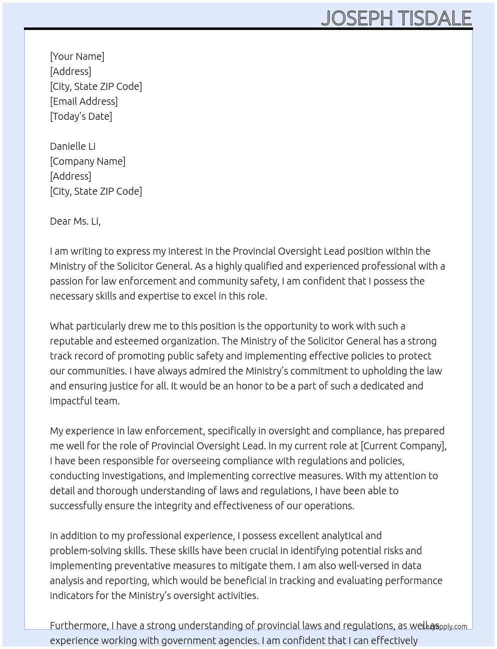 Provincial Oversite Lead At Ministry of the Solicitor General Cover Letter