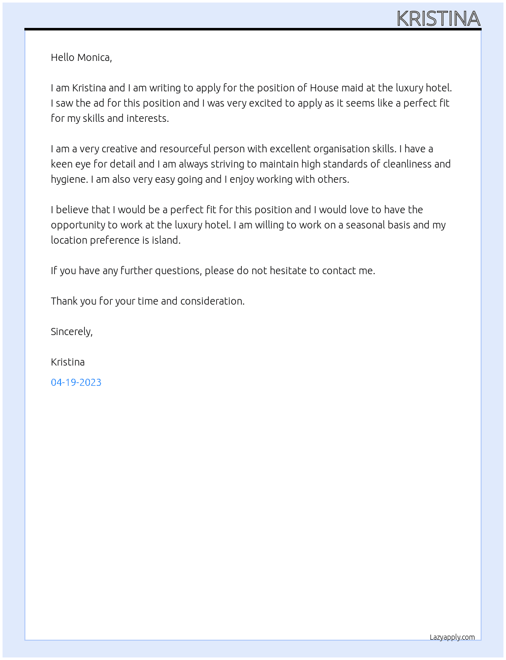 House maid At luxury hotel Cover Letter