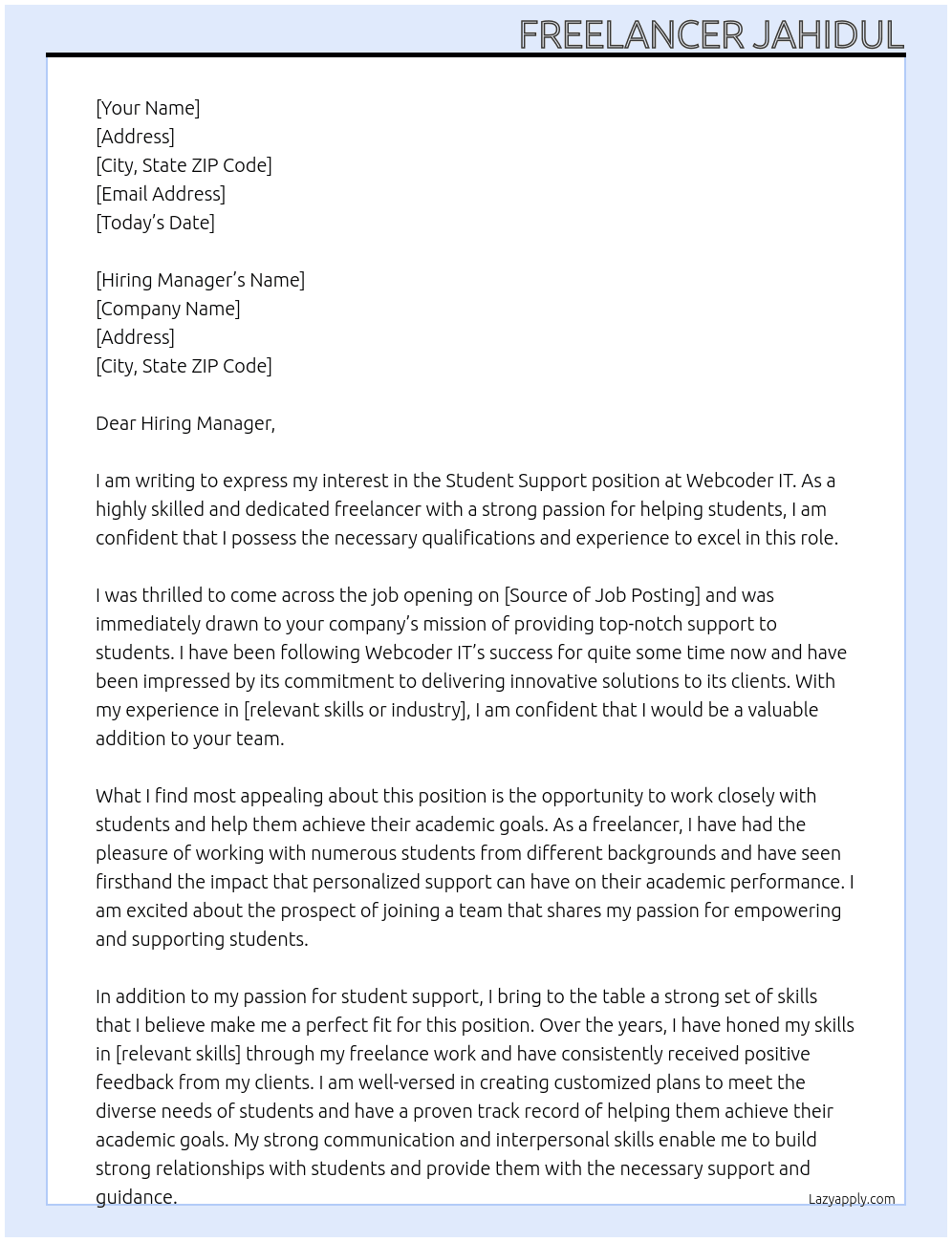 Student Support At Webcoder IT Cover Letter