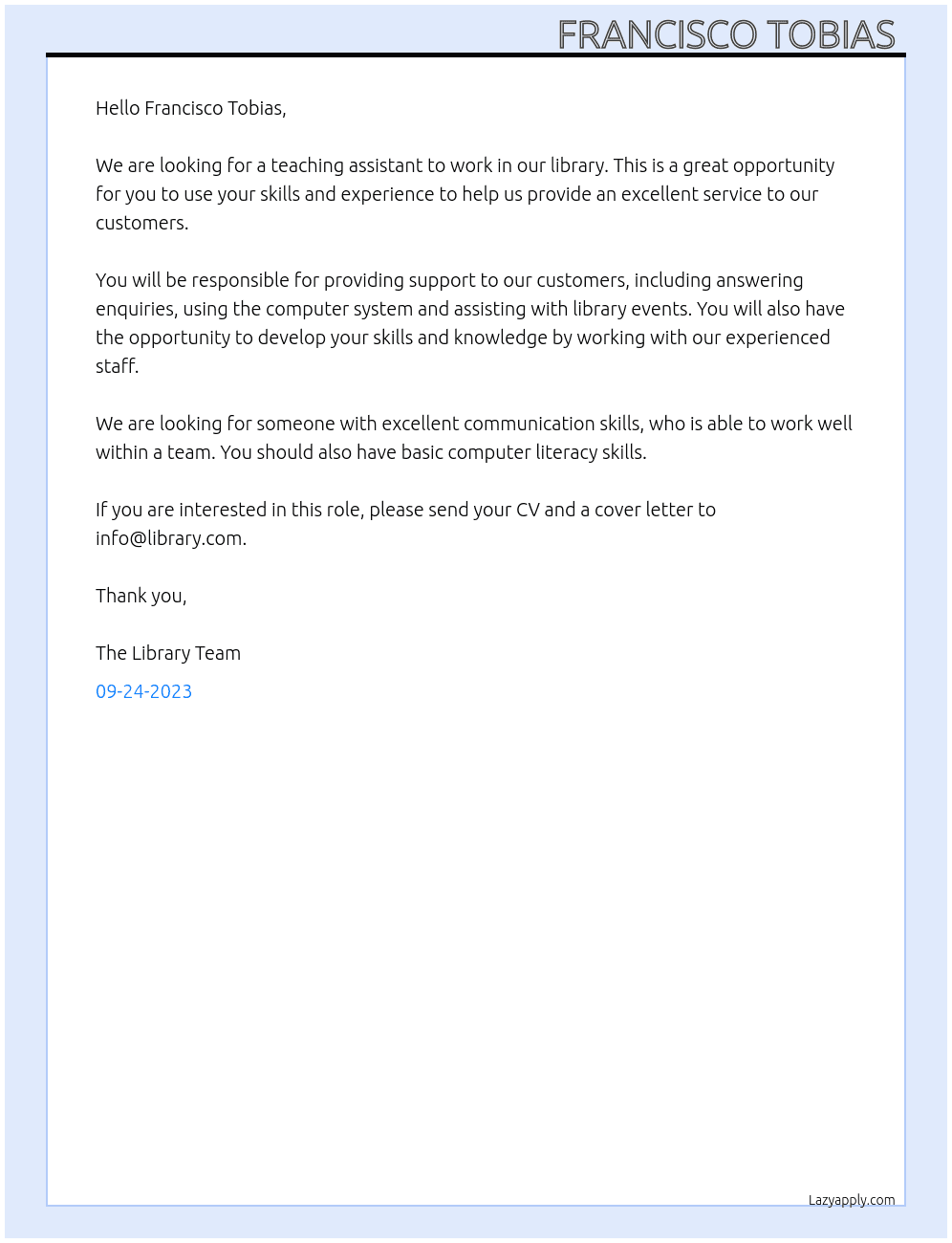 Teaching assistant  At Library assistant  Cover Letter