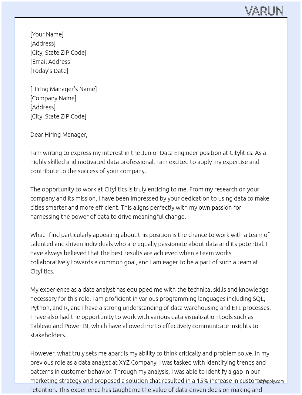 Juniior Data Engineer At Citylitics Cover Letter
