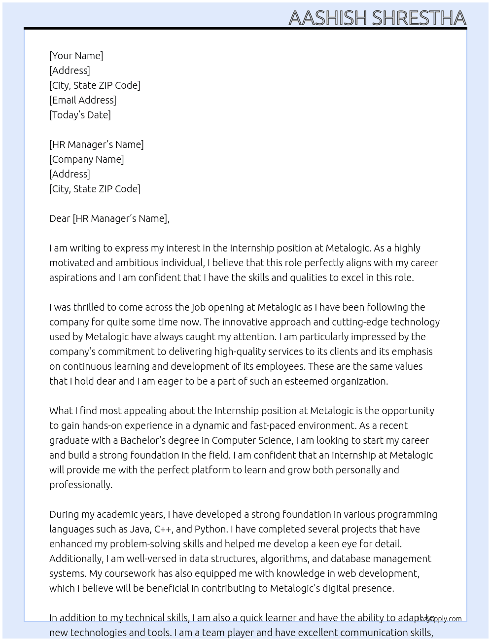 Internship  At Metalogic Cover Letter