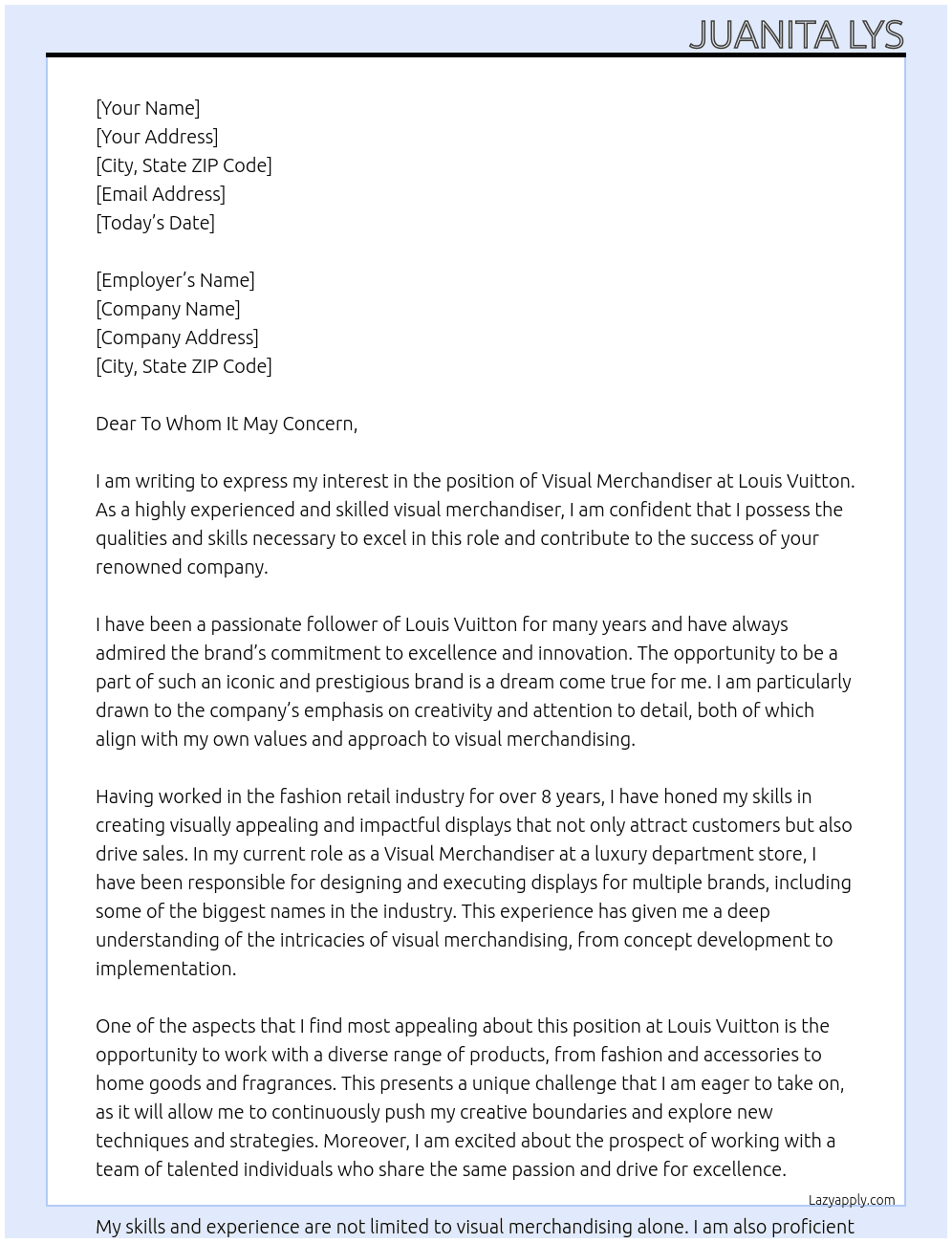 Visual Merchandiser  At Louis Vuitton  Cover Letter
