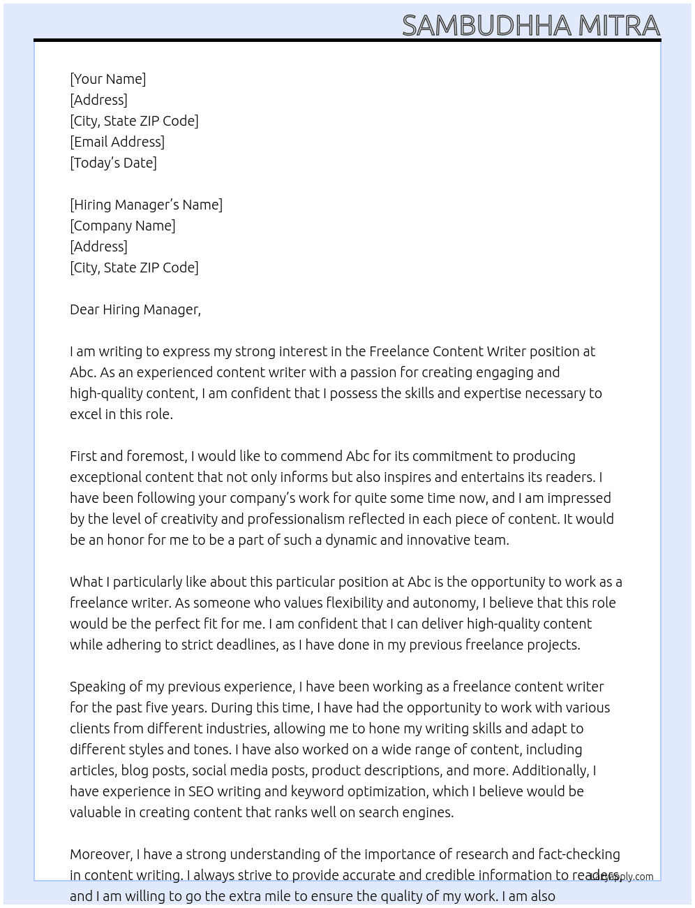 Freelance content writer  At Abc Cover Letter