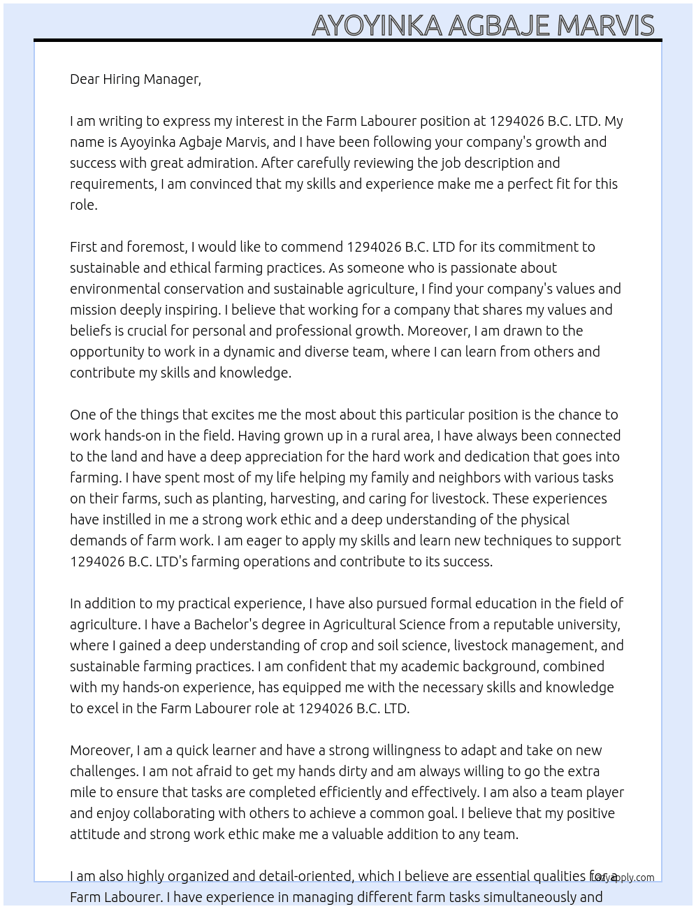 Farm labourer  At 1294026 B.C. LTD Cover Letter
