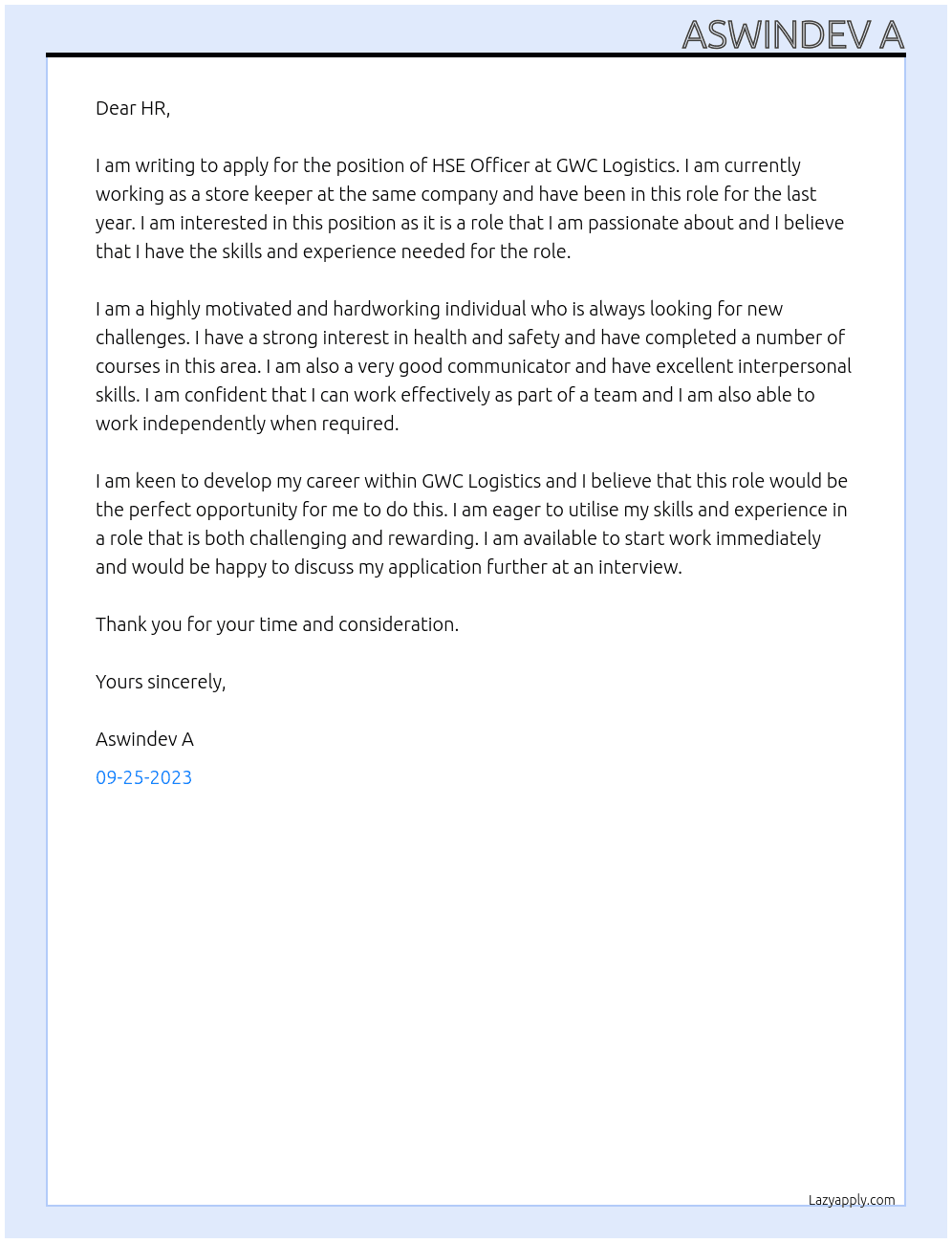 HSE officer fresher  At GWC logistics  Cover Letter