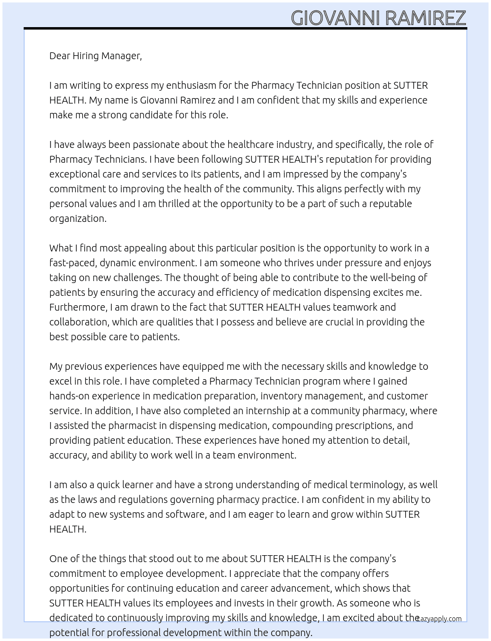 Pharmacy Technician At SUTTER HEALTH Cover Letter