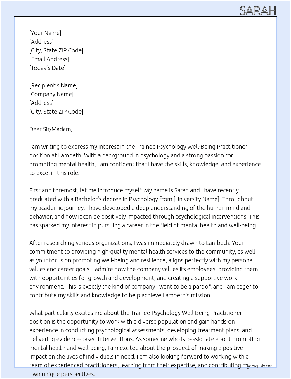 Trainee psychology well-being practitioner  At Lambeth Cover Letter