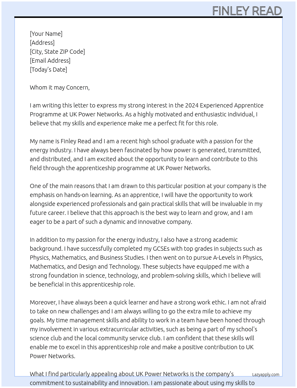 2024 Experienced Apprentice Programme At UK Power Networks Cover Letter