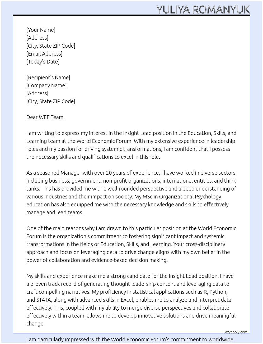 Insight Lead, Education, Skills and Learning At World Economic Forum Cover Letter