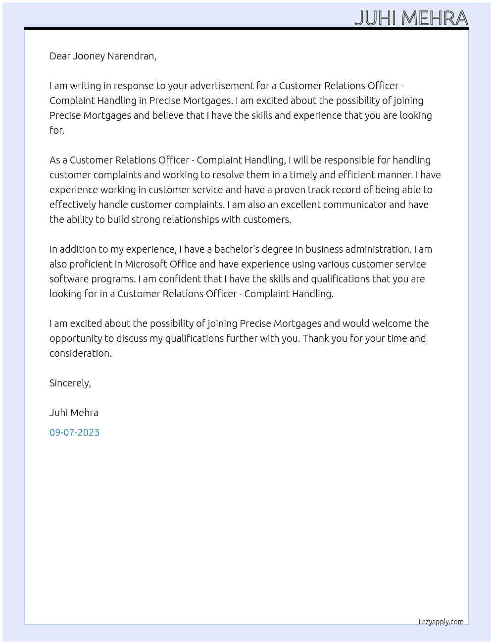 Customer Relations Officer - Complaint Handling At Precise mortgages Cover Letter