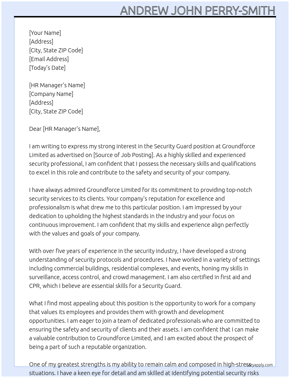 Security Guard At Groundforce Limited Cover Letter