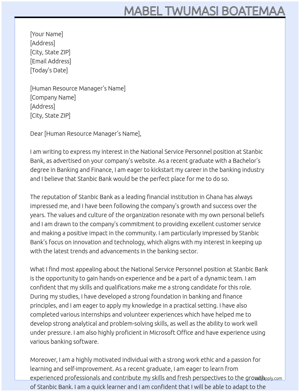 National Service Personnel At Stanbic Bank Cover Letter
