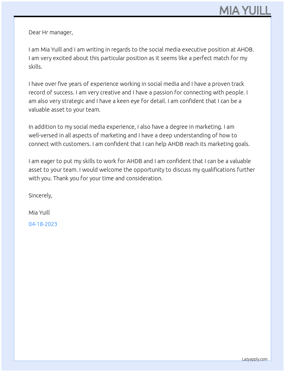 Social media executive At AHDB Cover Letter