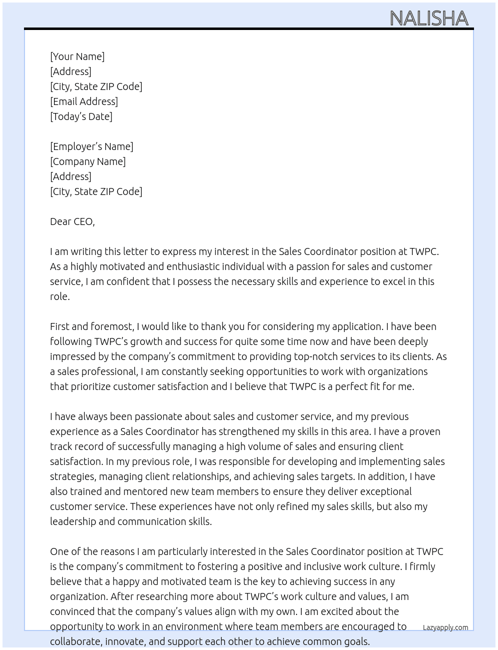 Sales Coordinator  At TWPC Cover Letter