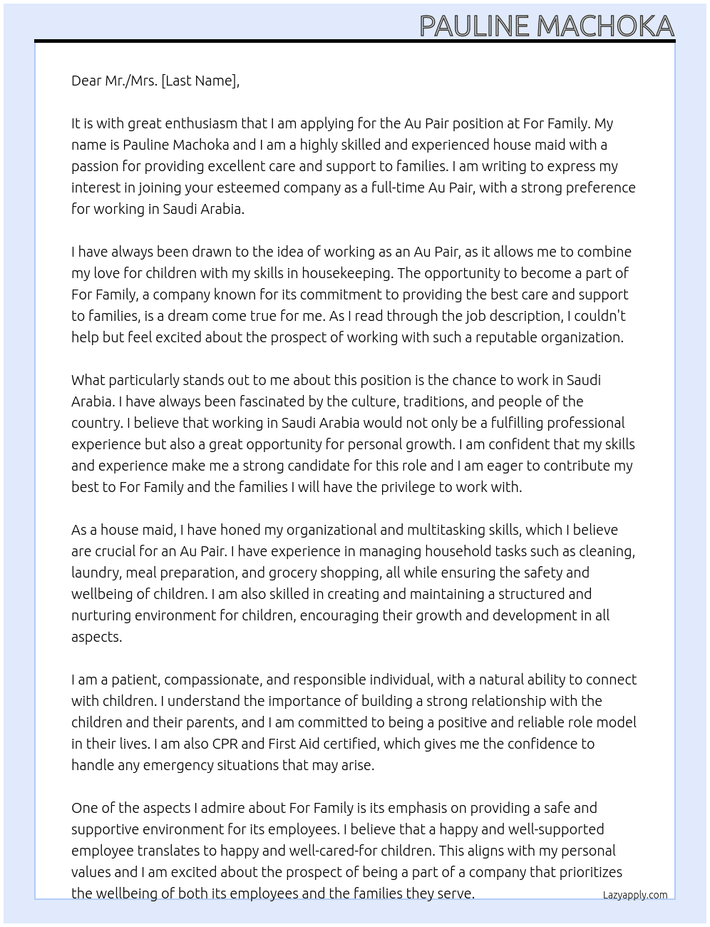 Aurpair At For family Cover Letter