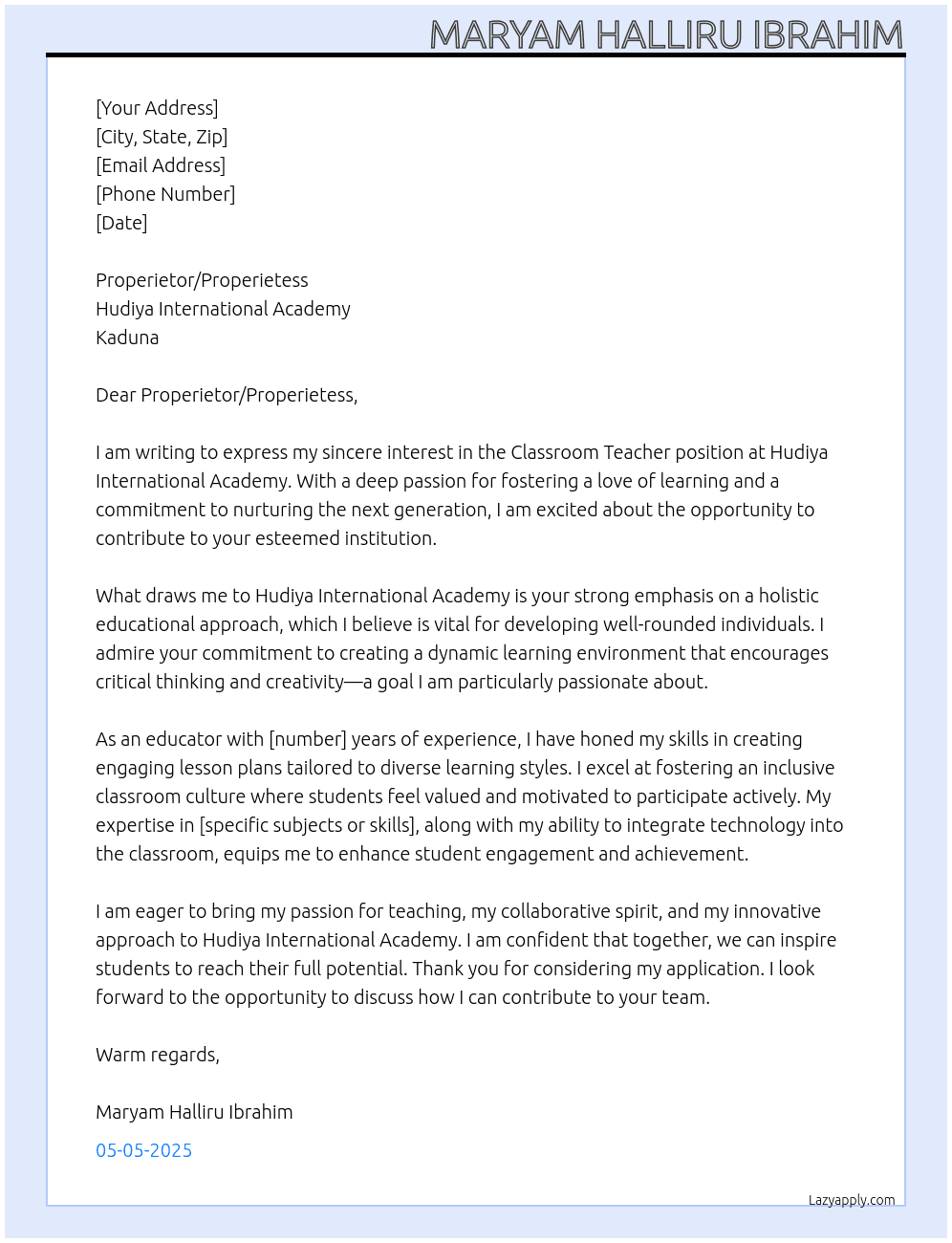 Cover letter for classroom teacher - LazyApply