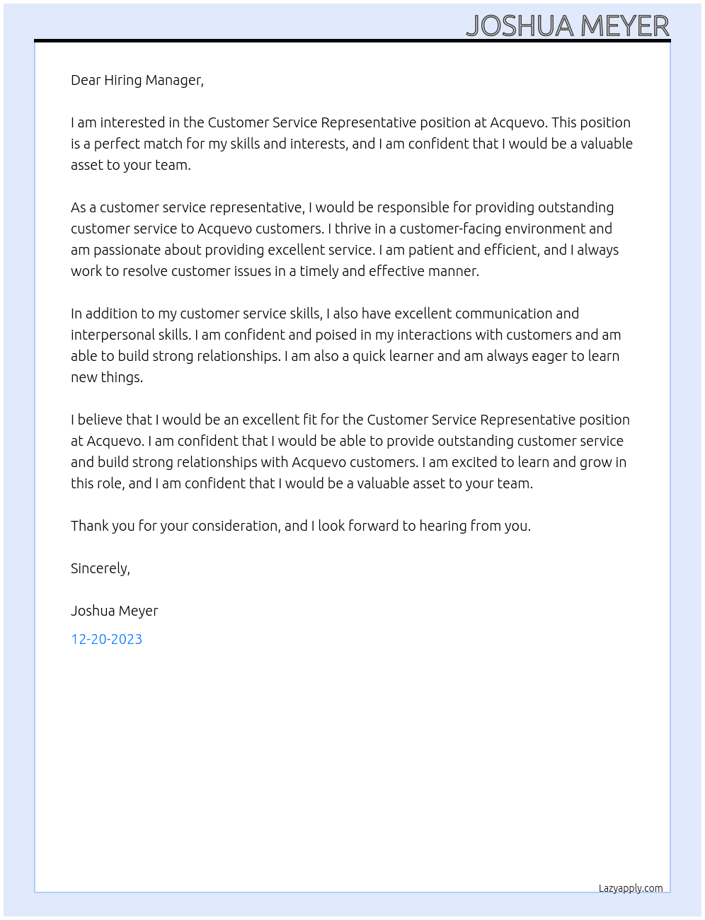 Customer Service Representative At Acquevo Cover Letter