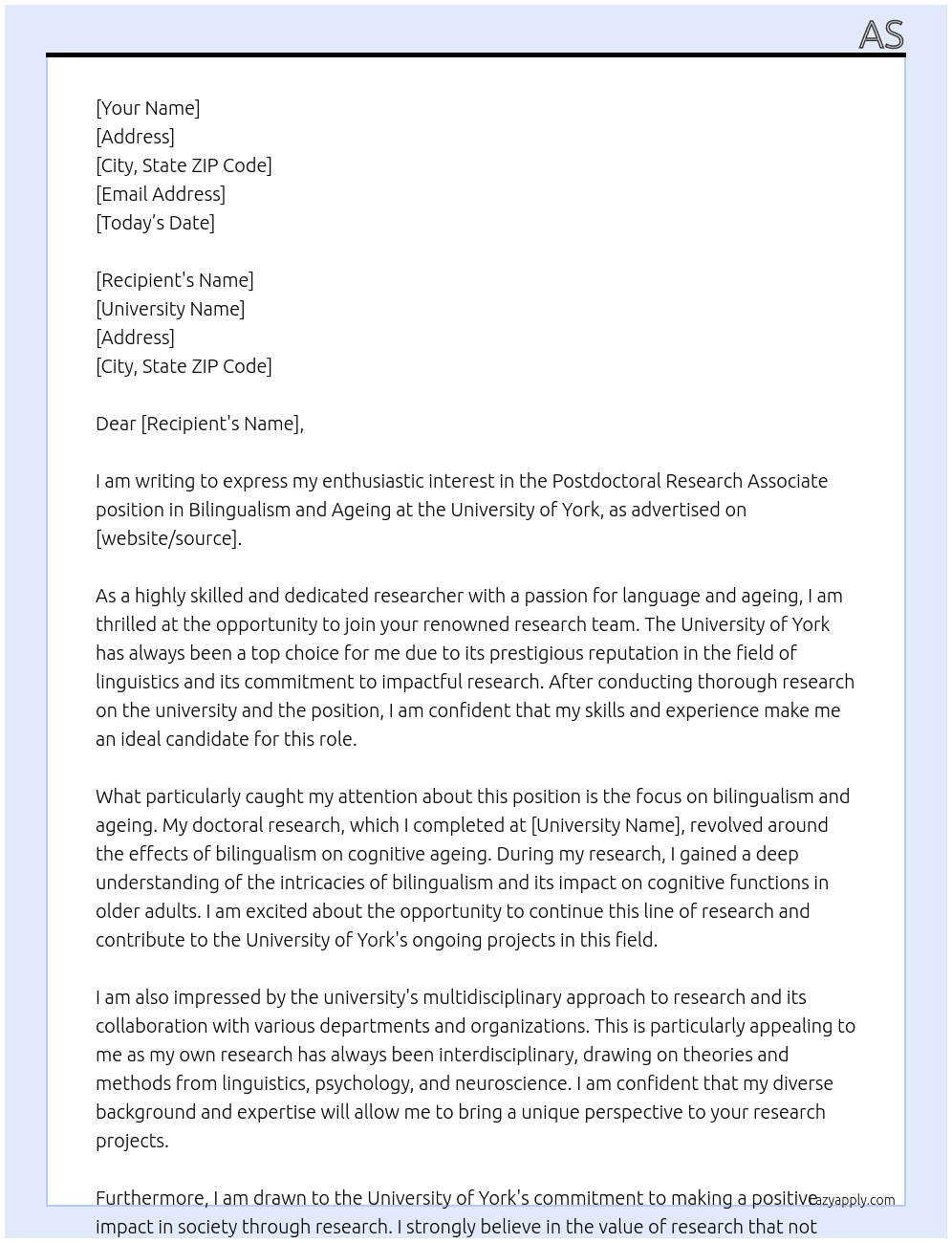 Postdoctoral Research Associate (Bilingualism & Ageing) At University of York Cover Letter