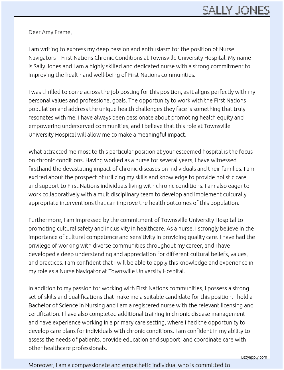 Nurse Navigators – First Nations Chronic Conditions  At Townsville University Hospital Cover Letter