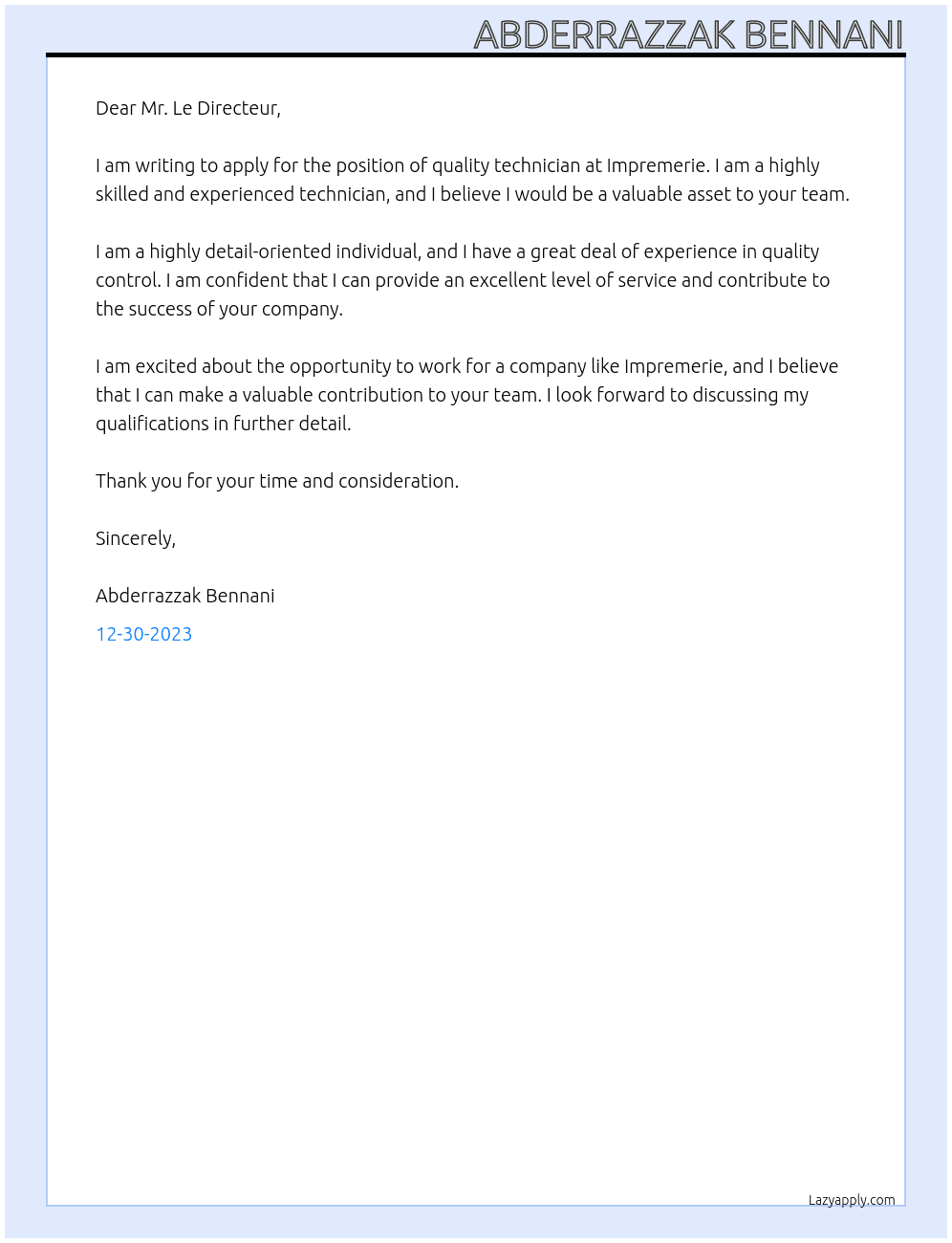 quality technician  At impremerie  Cover Letter