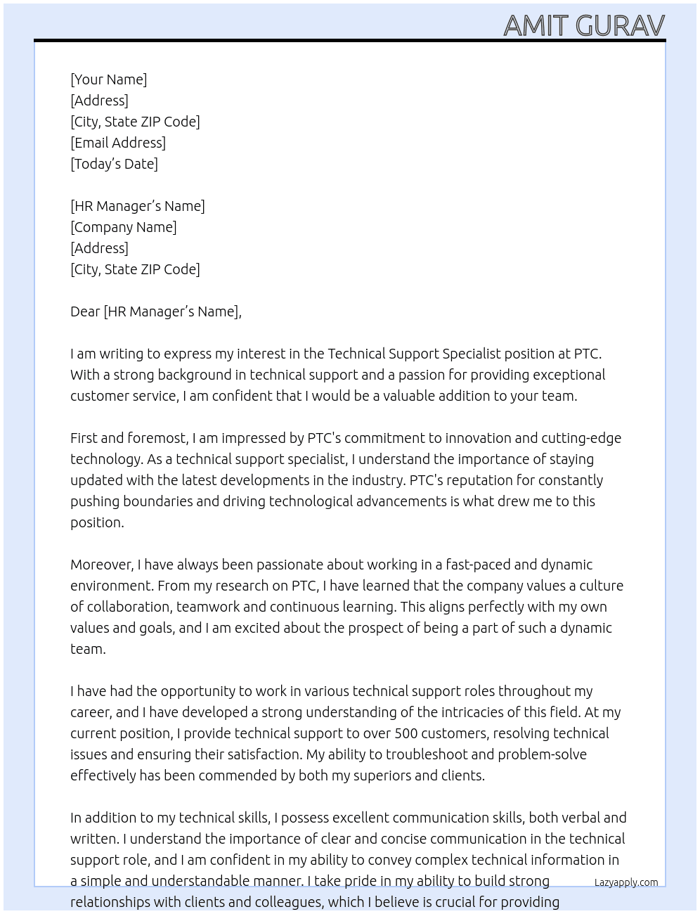Technical support specialist At PTC Cover Letter