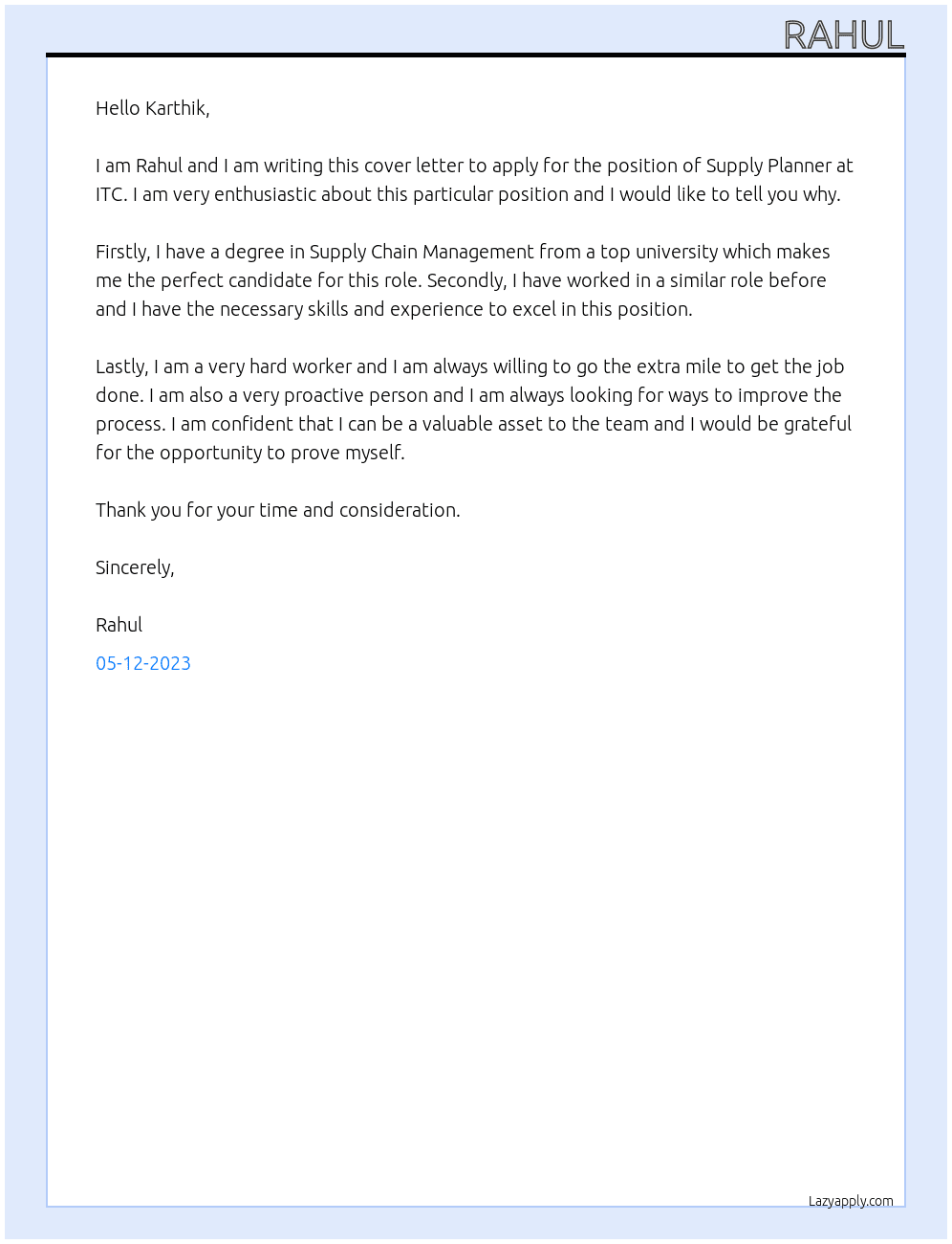Supply Planner At ITC Cover Letter