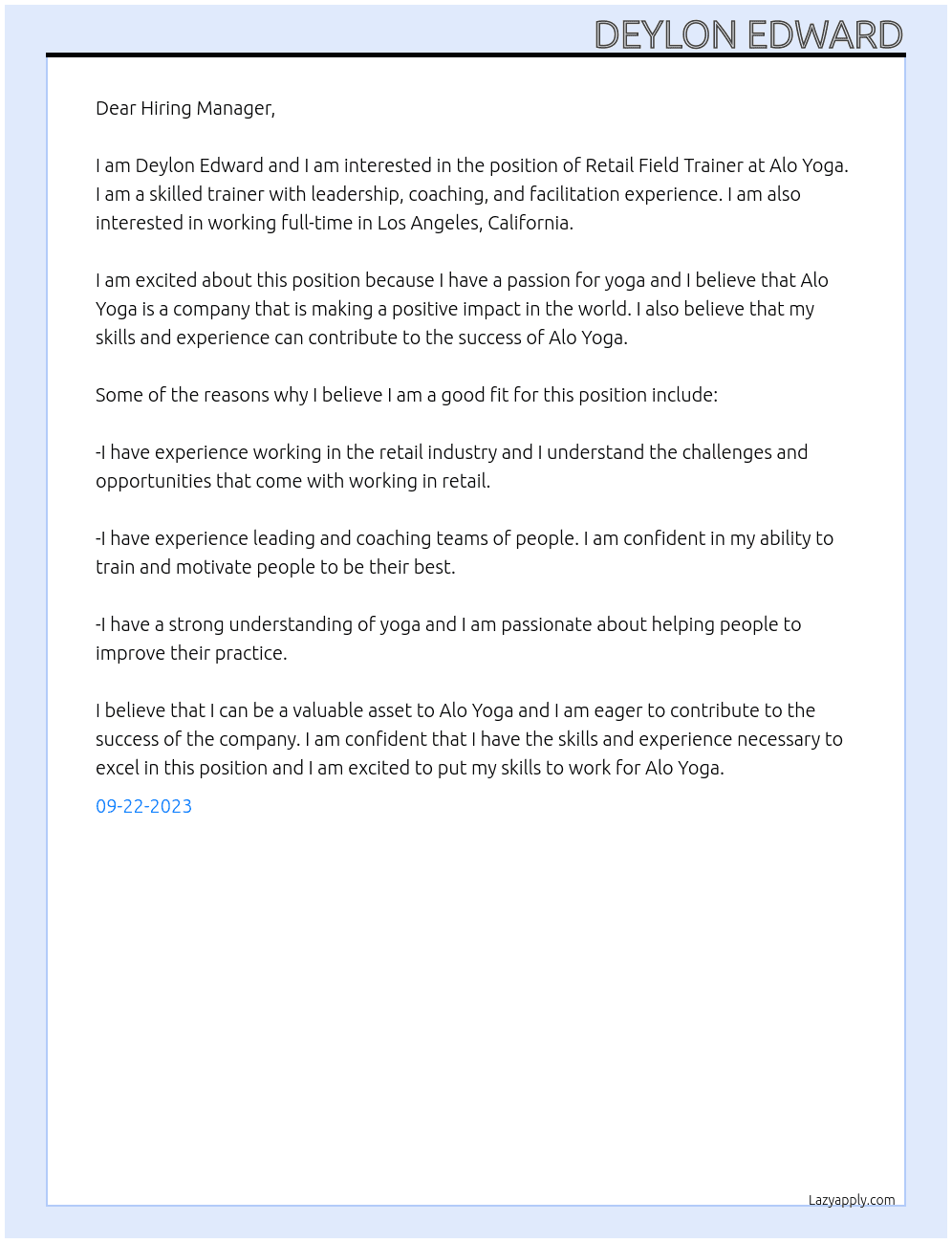 Retail Field Trainer At Alo Yoga Cover Letter