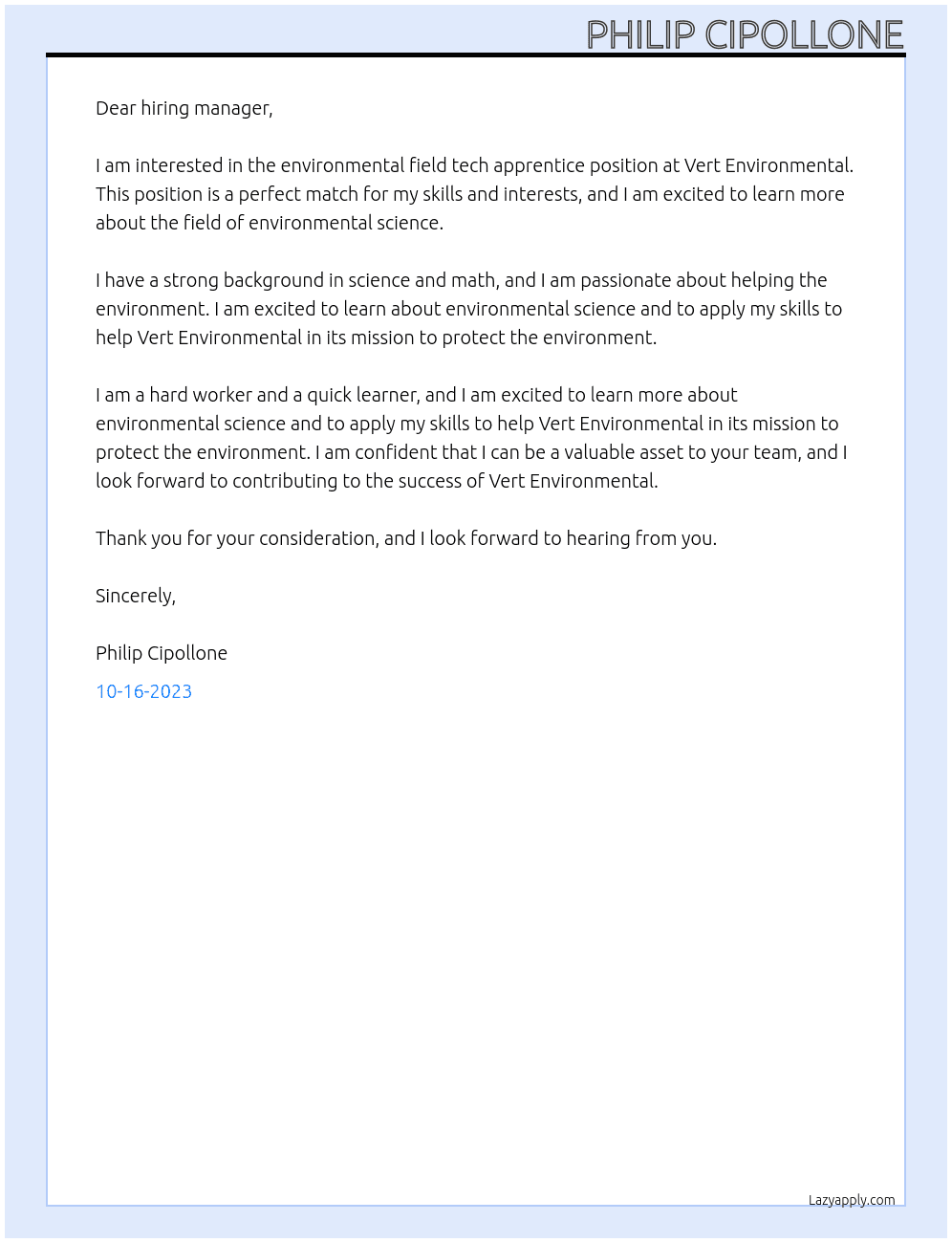 environmental field tech apprentice At vert environmental Cover Letter