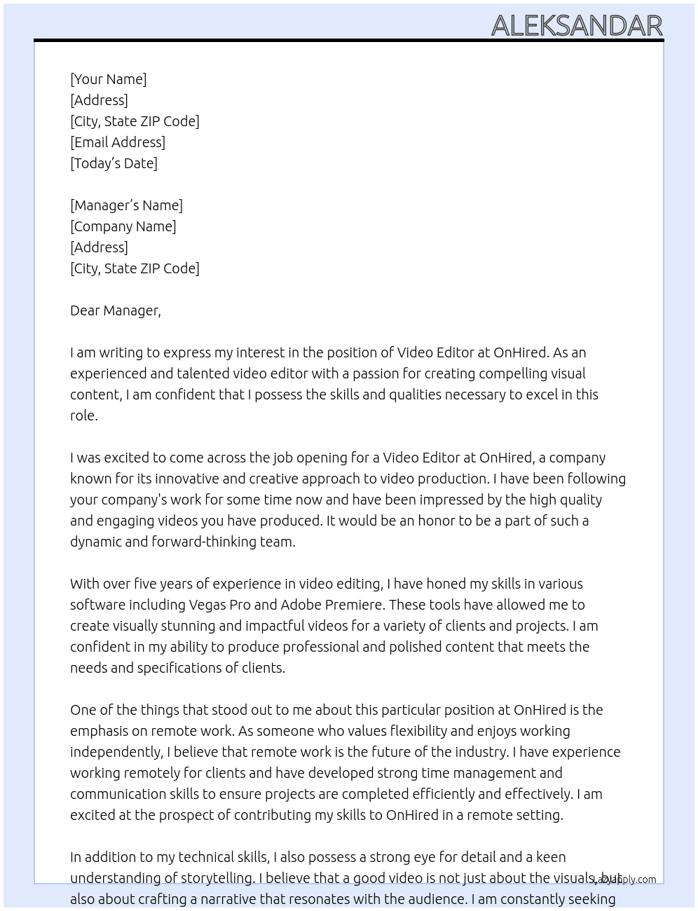 Video Editor At OnHired Cover Letter