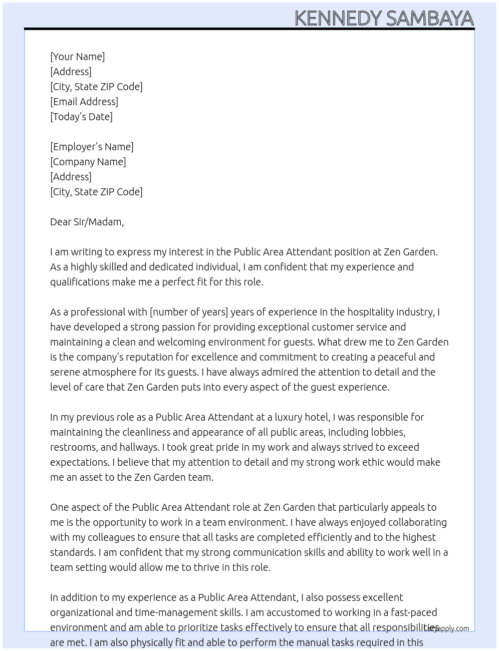 Public area attendant  At Zen Garden Cover Letter