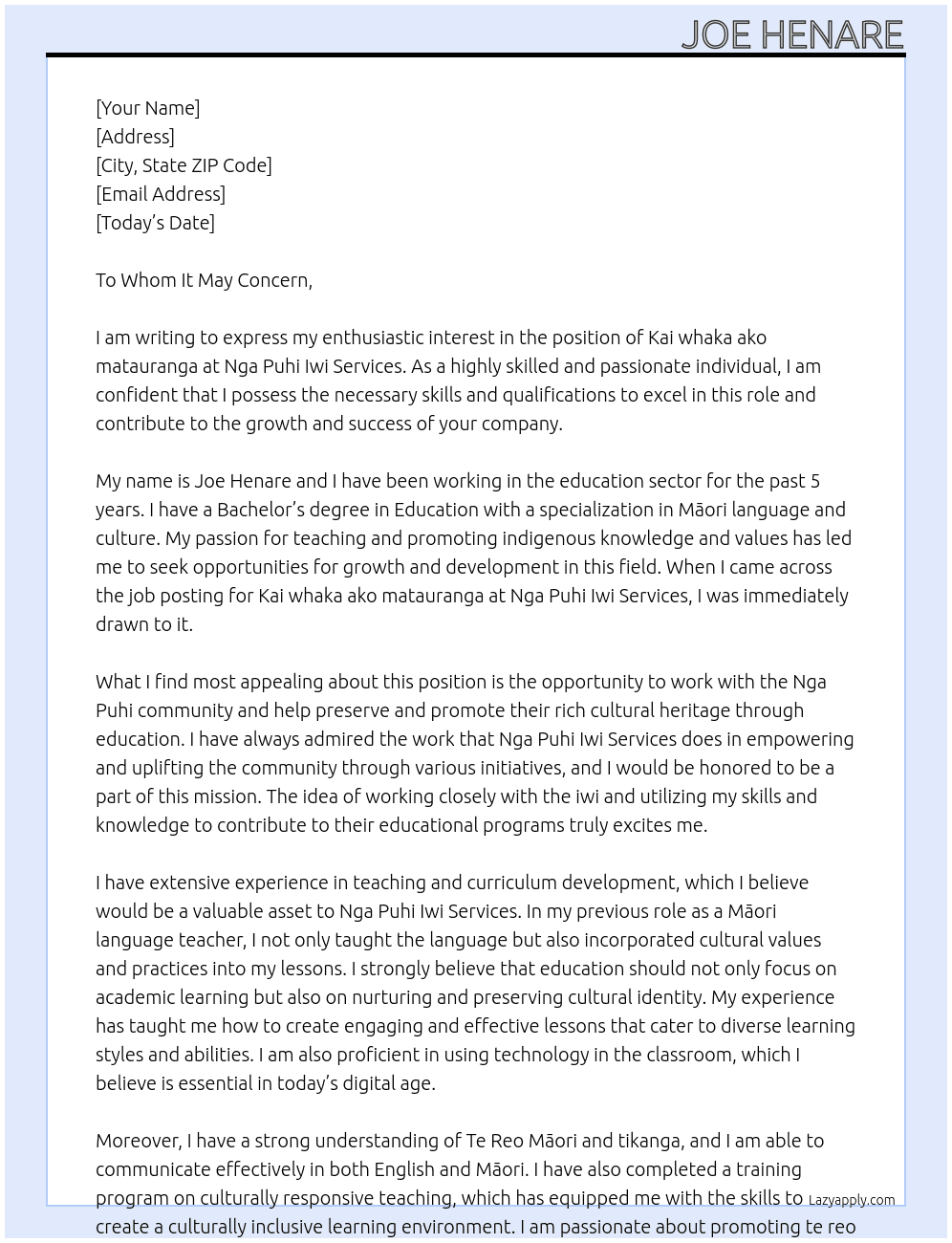 Kai whaka ako matauranga At Nga Puhi Iwi Services Cover Letter