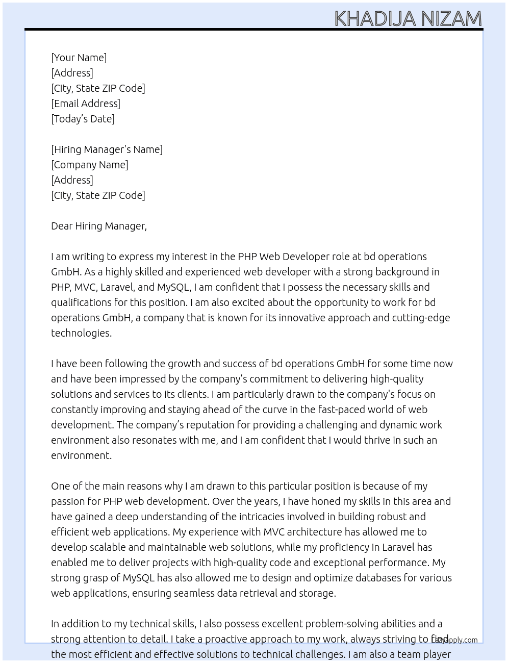 Web developer At bd operations GmbH Cover Letter